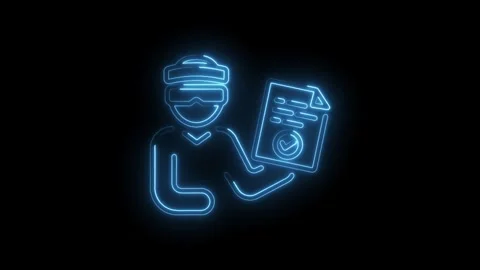 Neon outline of person wearing vr headset holding approved document on blac.. Stock Footage 345985171