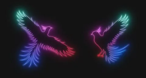 A neon outline of rainbow multicolor phoenix with wings Stock Illustration