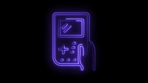 Neon outline of retro handheld game console with controller on a black Stock Footage 322963561