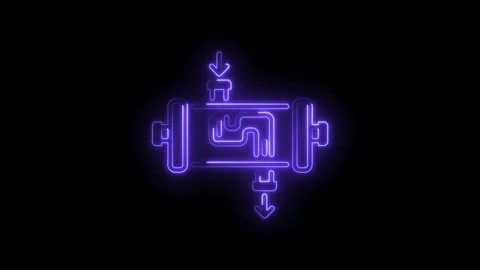 Neon outline schematic of fluid flow processing unit with arrows on black Stock Footage 322992957
