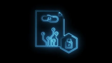 Neon outline of secure document with blockchain technology on a black backg.. Stock Footage 315958705