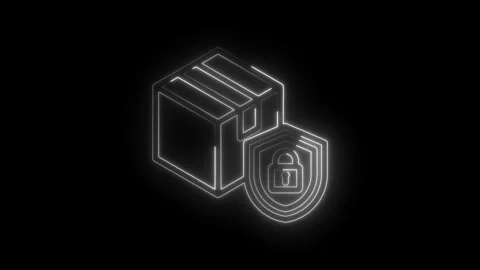 Neon outline of secure package delivery shield icon with padlock symbol on black Stock Footage 333964138