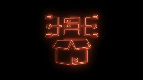 Neon outline of a server rack connecting with multiple nodes over a box Stock Footage 330774563