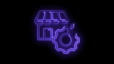 Neon outline of a shop building with a broken gear mechanism glowing purple.. Vídeos de archivo 346010301