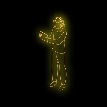 Neon outline of a sound engineer using headphones and tablet, creating musi.. Stock Illustration