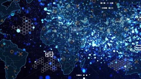 Neon outline sparking particle cloud, stylized world map growing, clustering Stock Footage 320956530