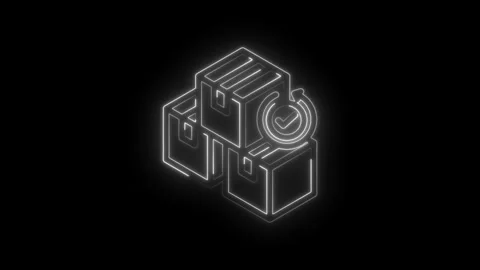 Neon Outline Stacked Boxes with Checkmark and Circular Arrow Icon Animation.. Stock Footage 346103720