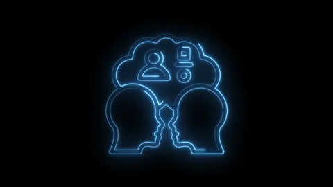 Neon outline of two human heads facing each other with a thought cloud above Stock Footage 333959828