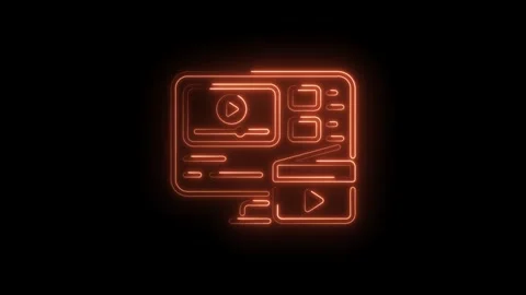 Neon outline of a video editing interface software with play buttons on black Stock Footage 322993229