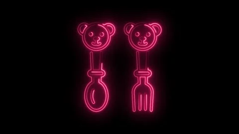 Neon outlined bear fork and spoon design on black background for kids Stock Footage 345992384