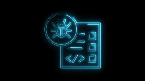 Neon outlined coding bug and script icon on black background for software d.. Stock Footage 312316089