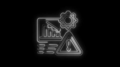 Neon outlined decreasing chart with warning symbol and gear isolated on bla.. 库存影片 312310497