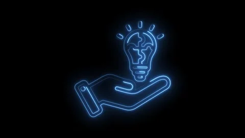 Neon outlined hand offering an idea shaped as a puzzle lightbulb on black Stock Footage 330777428