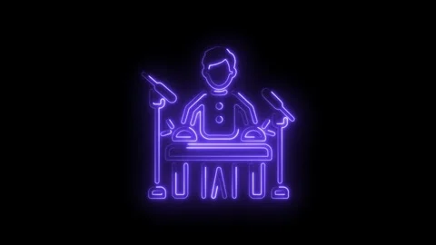 Neon outlined podcaster graphic in studio setup on black background for podcast Stock Footage 322993369