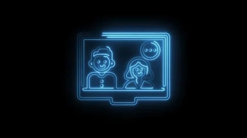 Neon outlined video call icon animation with people characters and chat bub.. Stock Footage 345985720