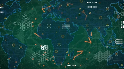 Neon-outlined world map being animated as flat design UI, showing hex grid Stock Footage 309282412