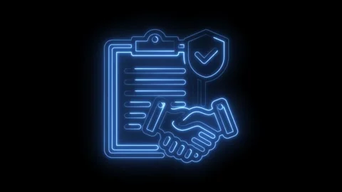 Neon outlines of contract,handshake,and shield on black background depicting Stock Footage 330777527
