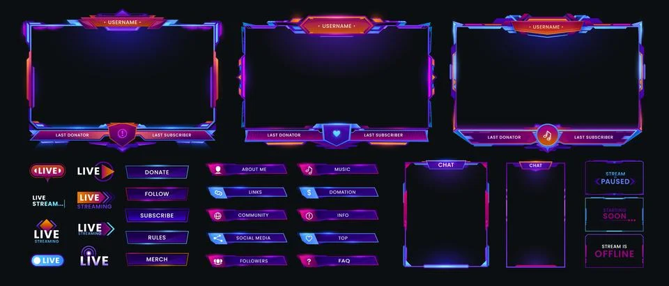 Neon overlay game screen, panel interface frames Stockillustratie