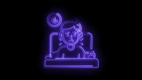 Neon overworked man at desk late night isolated on black background animation Stock Footage 330773704