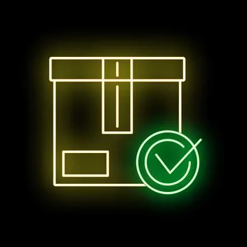 Neon package delivered icon checking success logistics Stock Illustration