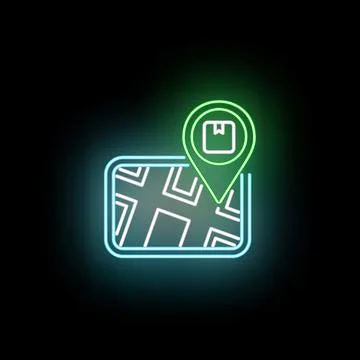 Neon package tracking on interactive map pinpointing delivery location Stock Illustration