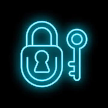 Neon padlock and key shining brightly on dark background Stock Illustration