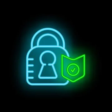 Neon padlock with checkmark providing security and protection Stock Illustration