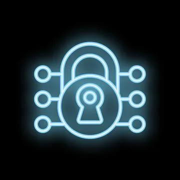 Neon padlock connecting data points illustrating cybersecurity concept イラスト素材