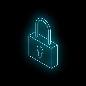 Neon padlock glowing on dark background representing cybersecurity Stock Illustration