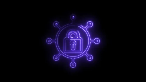 Neon padlock icon connected to network nodes digital security concept glowing Stock Footage 333958079