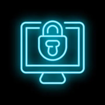 Neon padlock icon glowing on computer screen for cybersecurity concept Illustrazione stock