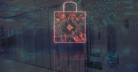 Neon padlock icon hovering between server racks in data center corridor casting Stock Footage 309145790