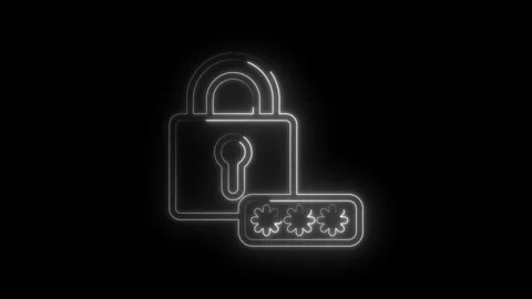 Neon padlock icon with password asterisks glowing on black background digital Stock Footage 333970377