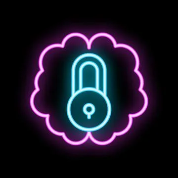 Neon padlock inside brain representing cybersecurity concept Stock Illustration