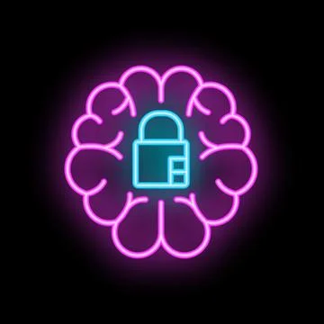 Neon padlock inside glowing brain representing data security concept Illustrazione stock