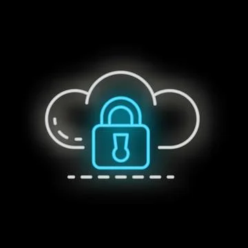 Neon padlock protecting cloud computing system on black background Illustrazione stock