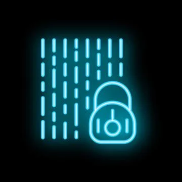 Neon padlock protecting data flow on black background Illustrazione stock