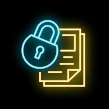 Neon padlock protecting documents icon glowing on black background Stock Illustration