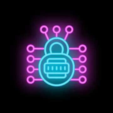 Neon padlock protecting network connections on black background Stock Illustration