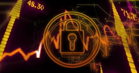 Neon padlock responding to data feed, HUD rings sharpening and numbers updating Stock Illustration
