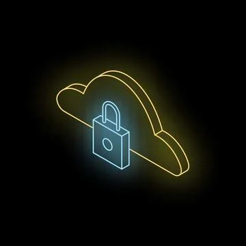 Neon padlock securing cloud data storage in isometric view Stock Illustration