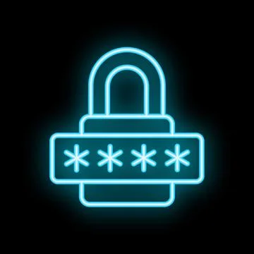 Neon padlock showing password protected access with asterisks on black back.. Illustrazione stock
