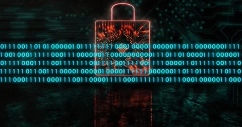 Neon padlock sitting centered, circuits pulsing as cyan binary bands sliding in, Stock Footage 331197990