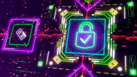 Neon padlock symbol. Computer and internet cyber security sign 3d illustratio Stock-Illustration
