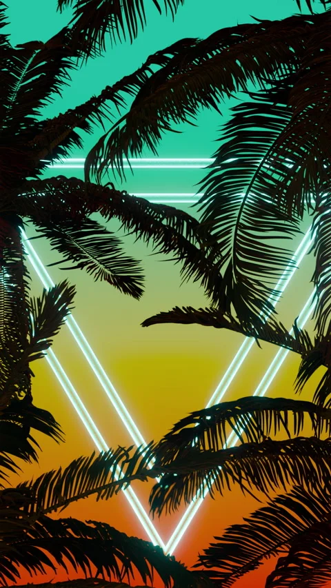 Neon palm silhouettes frame glowing retro triangle in seamless loop Stock Footage 335944275