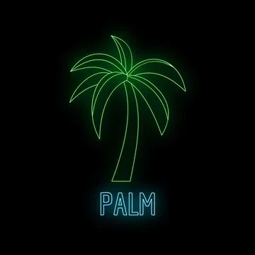 Neon palm tree sign glowing on black background Stock Illustration