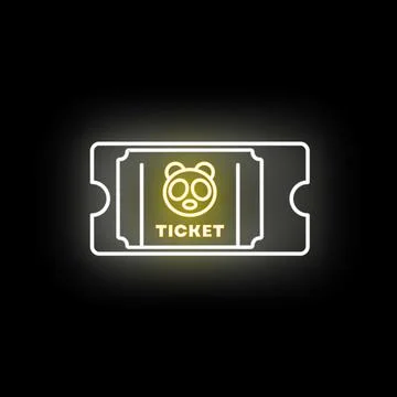 Neon panda ticket icon glowing yellow on black background Stock Illustration