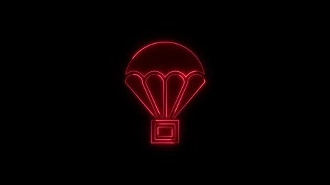 Neon parachute delivery icon with cargo box glowing in red on dark backgrou.. Stock Footage 345550372