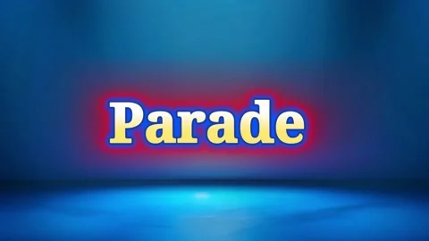 Neon parade text display glowing against deep blue studio backdrop for festive Stock Footage 343550165