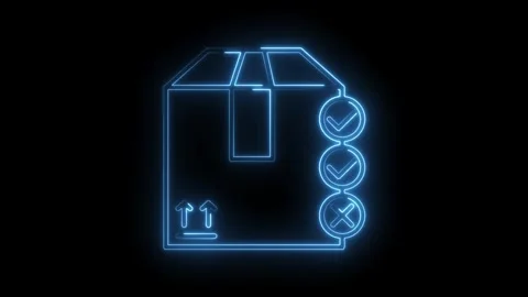Neon parcel delivery checkmarks and crosses on black background moving forw.. Stockbeeldmateriaal 316677901
